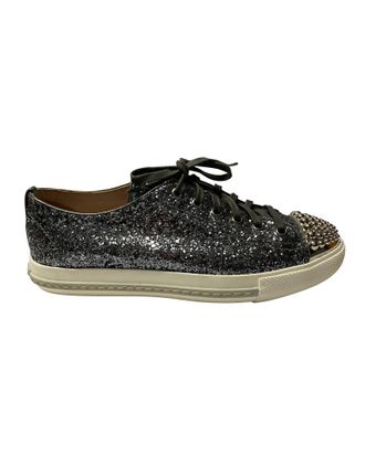 Miu Miu Miu Miu Studded Cap Toe Veterschoenen in Zilveren Glitter