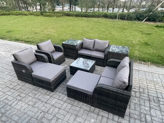 Fimous Garden Furniture Set Rattan Outdoor Lounge Sofa Chair With Tempered Glass Table 2 Big Footstool 2 Side Tables Dark Grey Mixed