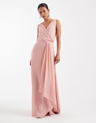 Tfnc Vestito lungo da damigella in chiffon rosa con dettaglio con incrocio