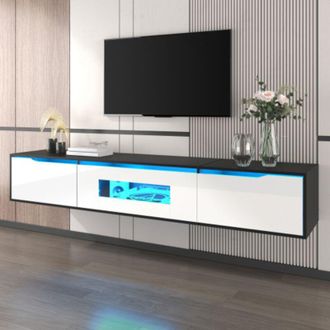 Blossom Mueble Tv Blossom Con Led, 180x35x30 Cm, 3 Cajones, Acabado Brillante, Fijaci&oacute;n Pared Ajustable, Forma Rectangular - Negro Y Blanco