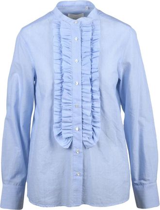 Xacus Light Blue Ruffle Detail Mandarin Collar Cotton Shirt