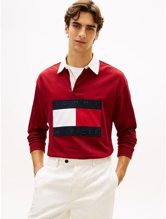 Tommy Hilfiger Mens Big Flag Logo Rugby Sweatshirt - Red - XL