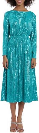 Maggy London Long Sleeve Sequin Blouson Dress in Ocean Blue at Nordstrom Rack, Size 2