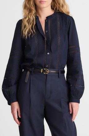 Madewell High Neck Lace Detail Pintuck Cotton Top in Classic Navy at Nordstrom, Size Xx-Small