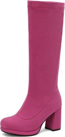 Generic Womens Knitted Block Heel Round Toe Knee High Boots Slip On Comfort Versatile Winter Shoes (5.5,Rose Red)