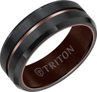 Triton 8MM Tungsten Carbide Ring with Satin Finish with Blue Center Line and Bevel Edge in Brown at Nordstrom, Size 10.5