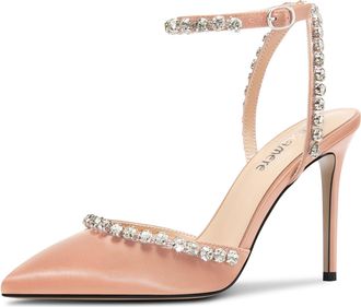 Castamere Womens Stiletto High Heel Pointed Toe Ankle Strap Rhinestone Crystal Pumps Court Shoe Prom Satin 10 CM Heels Pink 5 UK