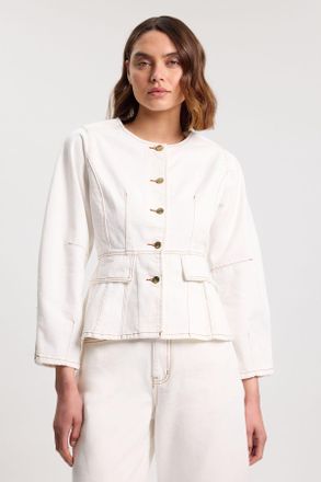 Karen Millen Womens Denim Peplum Long Sleeve Top - White Cotton - Size 10 UK