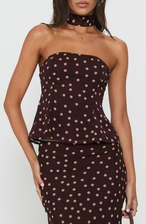 Princess Polly Sydni Scarf Detail Strapless Top in Chocolate /Pink Polka at Nordstrom, Size 12