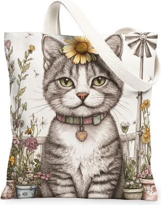 Generic Spring American Shorthair Cat Canvas Tote Bag for Shopping 13x15, Farmhouse Country Kitten Reusable Grocery Print Bag for Women, Farm Pet Beach Aesthe