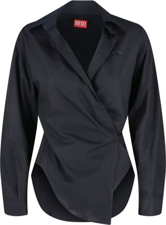 Diesel Asymmetrical Black Cotton Shirt With Curved Hem And Embroidered Logo