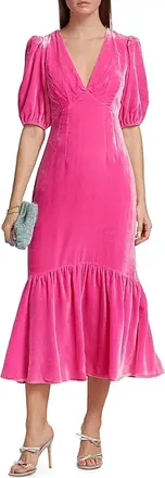 Rhode Resort Ester Puff-Sleeve Velvet Midi-Dress In Pink