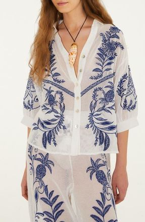 Farm Rio Nina Embroidery Open Stitch Cotton Cover-Up Top in Nina Embroidery Off- at Nordstrom, Size X-Large