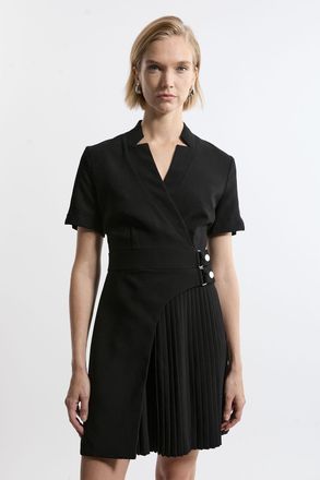 Karen Millen Womens Tailored Crepe Military Pleat Notch Neck Wrap Mini Dress - Black - Size 8 UK