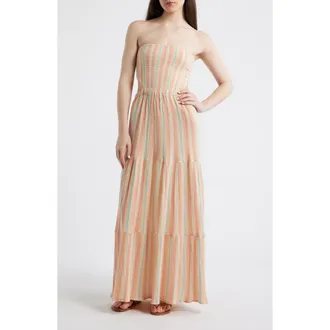 Rip Curl Premium Surf Stripe Strapless Tiered Cotton Maxi Dress in Multi Color at Nordstrom, Size Xx-Small
