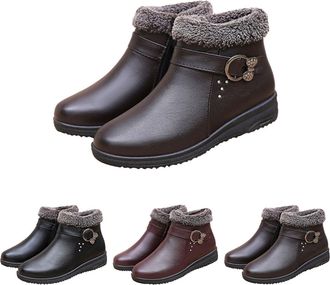 Generic Womens Winter Ankle Boots with Fur Lined Padded Warm Short Boots Ladies Low Heel Vegan Leather Side Zipper Boot Waterproof Non-Slip Ankle Booties Brow