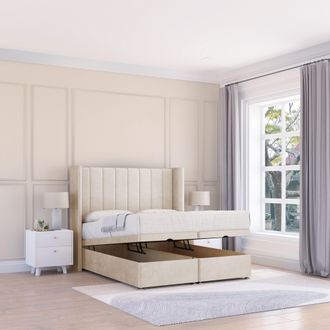 Sloomy Falcon Plush Fabric Ottoman Bed End Opening With Sprung Memory Mattress & 54 Inch Floorstanding Headboard With Wings | Size: Small Double