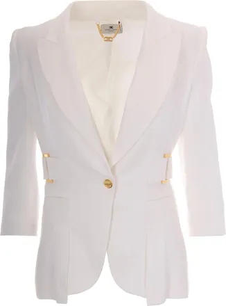 Elisabetta Franchi Ivory Linen Blend Single-Breasted Blazer with Peplum Effect