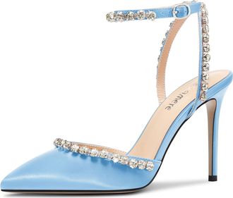Castamere Womens Stiletto High Heel Pointed Toe Ankle Strap Rhinestone Crystal Pumps Court Shoe Prom Satin 10 CM Heels Sky Blue 7 UK