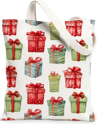 Generic Holiday Gift Box Canvas Tote Bags, Festive Presents Design Reusable Bags, Winter Joyful Lightweight Washable Shoulder Strap, White, 13x15 Inch
