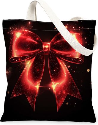 Generic Holiday Bow Canvas Tote Bags, Festive Ribbon Design Reusable Grocery Bags, Winter Chic Lightweight Washable Shoulder Strap for Travel Picnic 13x15 Inc