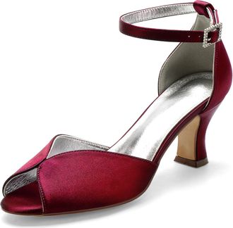 Generic Wedding Heels Low Heel Wedding Bridal Shoes Peep Toe Bridal Shoes Ankle Buckle Strap Satin Evening Party High Heels Sandals 6.5Cm,Burgundy,10 UK