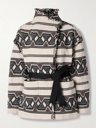 Isabel Marant Giacca In Misto Cotone Jacquard Con Cintura E Frange Josialo - Neutri