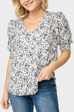 Gibsonlook Puff Sleeve V-Neck Blouse In White Black Floral