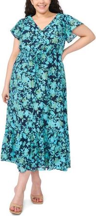 CeCe by Cynthia Steffe Floral Flutter Sleeve Dress in Classic Navy at Nordstrom, Size 1 X