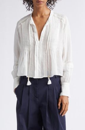 Veronica Beard Sawyer Long Sleeve Lace Trim Top in White at Nordstrom, Size 14