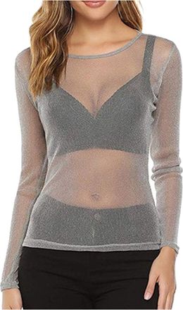 Generic Women See Through Mesh Tops Round Neck Long Sleeves Party Top for Going Out, Sheer Mesh Glitter Tops for Festival Club Outfit, Cover Up Clubwear Tops 