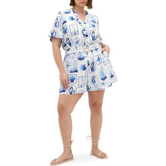 City Chic Elise Amalfi Print Belted Button Front Romper in Amalfi Postcard at Nordstrom, Size Xxxs