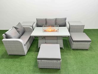 Fimous 7 Seater PE Rattan Wicker Garden Furniture Patio Conservatory Sofa Set w/ Firepit Dining Table 3 Seater Sofa Love Sofa 2 Big Footstool 2 Side