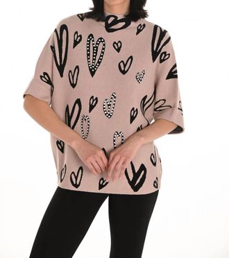 Frank Lyman Design Brisa Mock Neck Heart And Rhinestone Embellished Pullover Sweater In Beige And Black