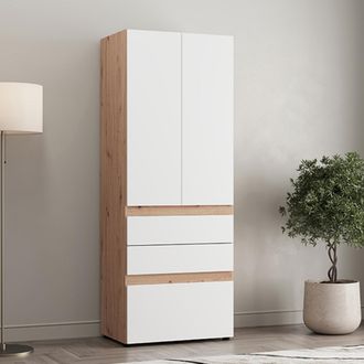 Dmora Armario 2 Puertas Venas, Ropero De Dormitorio Con Perchero, 3 Cajones, Un Estante, 79x208h Cm Blanco Mate