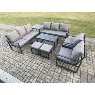 Fimous Fimous Aluminium Outdoor Garden Furniture Lounge Sofa 2 PC Chairs Oblong Coffee Table Sets with Side Table 2 Small Footstool Dark Grey