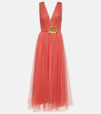 Monique Lhuillier Abito lungo in tulle con decorazioni