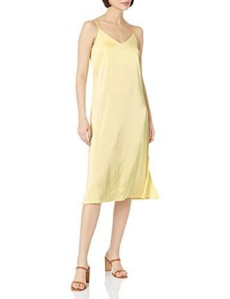 The Drop Damen Ana Silky Midi-Slip-Kleid mit V-Ausschnitt, Pastellgelb, XXL Gro&szlig;e Gr&ouml;&szlig;en