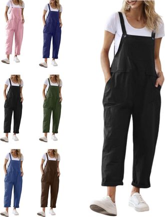 Generic Linen Overalls for Women,Jumpsuits for Women,Adjustable Strap Bib Overalls Baggy Summer Romper with Pockets (black,M)