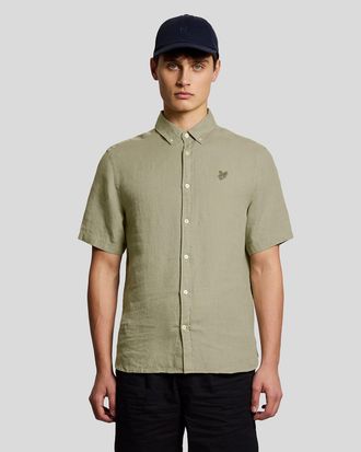 Lyle & Scott Mens Short Sleeve Linen Shirt - Green - Size X-Small