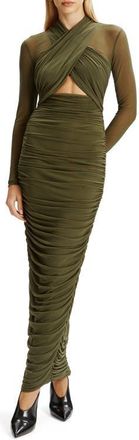Bardot Aliyah Ruched Long Sleeve Maxi Dress in Dark Khaki at Nordstrom, Size 2