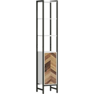 HOMCOM Homcom - Columna De Ba&ntilde;o Armario Alto De Ba&ntilde;o Con 3 Estantes Abiertos 1 Puerta Y Estante Ajustable Sistema Anti-vuelco 30x30x170 Cm Blanco Y Nogal