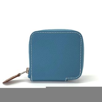 Herm&egrave;s Silkin Blue Leather Silk Coin Purse/Coin Case (Pre-Owned)