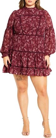City Chic Elise Floral Long Sleeve Tiered Minidress in Adorn Floral at Nordstrom