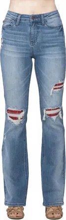 Judy Blue Womens Mr Plaid Patch Detail Bootcut Jeans In Blue