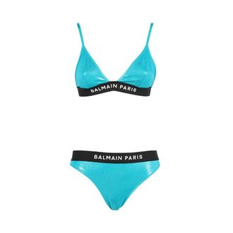 Balmain Bikinis, female, Blue, S, Triangle Bra Bikini with Logo Detail