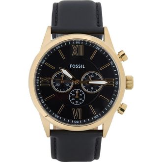 Fossil Flynn Leather Strap Chronograph Watch, 48mm in Black/Gold at Nordstrom Rack