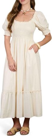 August Sky Smocked Puff Sleeve Midi Dress in Cream at Nordstrom Rack, Size Medium