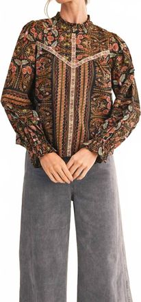 Merci Ruffle Collar Floral Botanical Blouse In Black Border Print