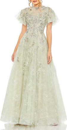 Mac Duggal Illusion Neck Beaded Lace Flutter Sleeve Ball Gown in Seafoam at Nordstrom, Size 14